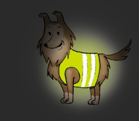 Der Verkehrssicherheitshund Lireli („Links-Rechts-Links“) von sicher unterwegs trägt eine leuchtend gelbe Warnweste. Die Comic-Zeichnung stammt von Susanne Weigersdorfer