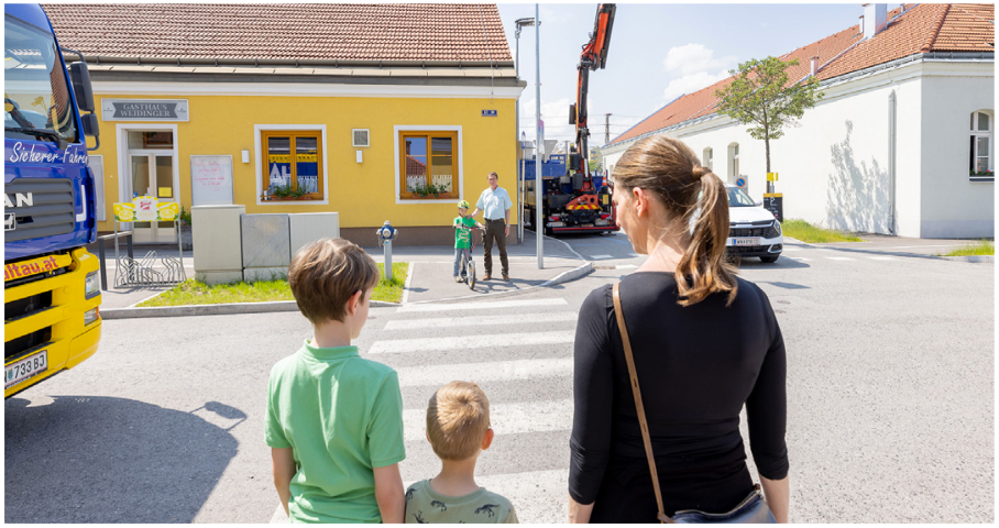 Mobilitäts-App: Perspektive einer an einer ungeregelten Kreuzung wartenden Mutter mit zwei Kindern. Ausgangssituation der erwachsenen Fußgängerin und des 6-Jährigen und 10-Jährigen