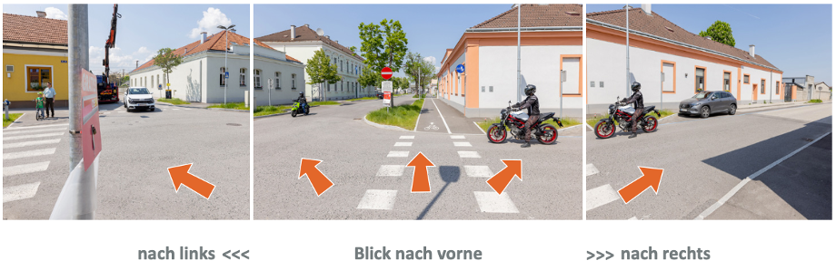 Das Bild zeigt die Perspektive des radfahrenden Mädchens mit Markierungen verkehrsrelevanter Details.