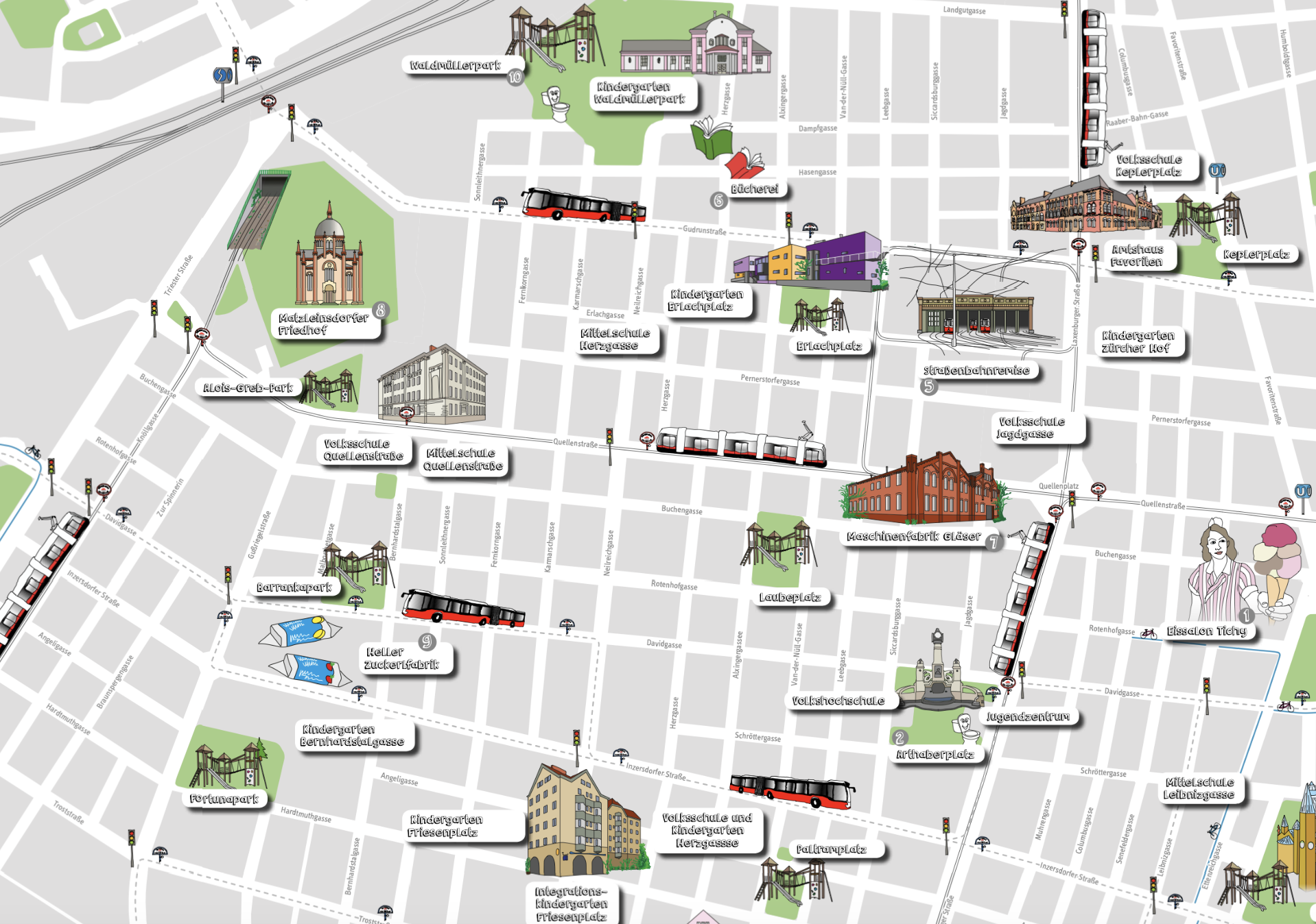 Ein Screenshot des Kinderstadtplans Innerfavoriten der Stadt Wien zeigt eine Karte mit Straßen und wichtigen Orten.